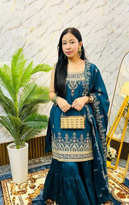 Royal Embroidered Peplum Sharara Set with Dupatta (RRRD62)