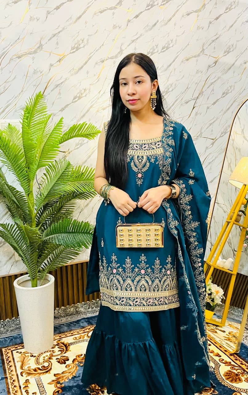 Royal Embroidered Peplum Sharara Set with Dupatta (RRRD62)