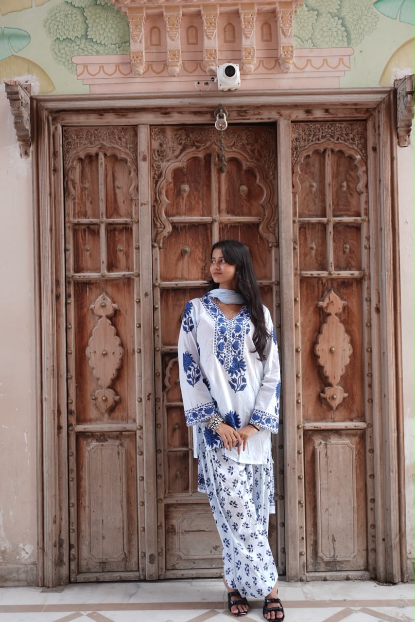 Royal Blue Floral Printed Cotton Kurta Set (RS06)