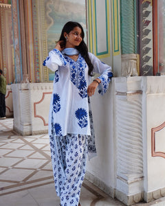 Royal Blue Floral Printed Cotton Kurta Set (RS06)