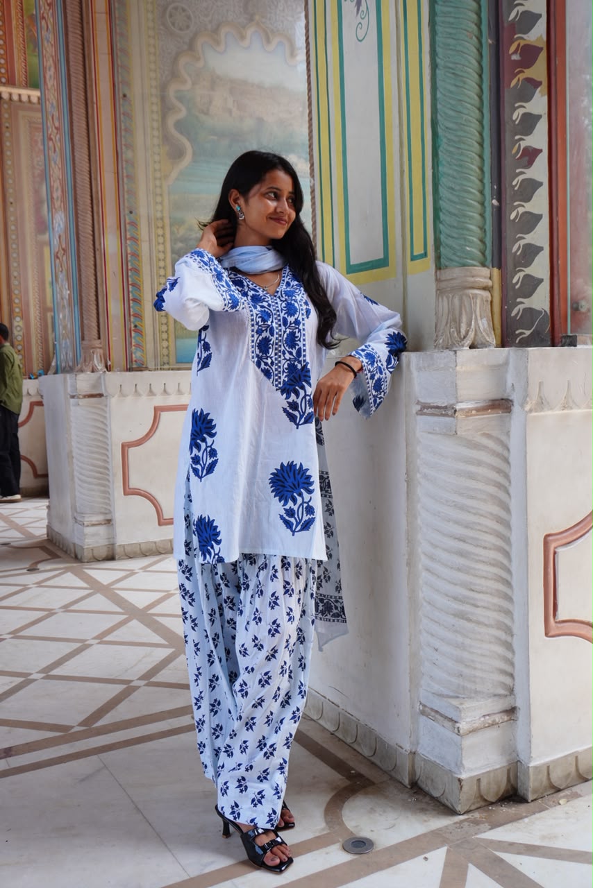 Royal Blue Floral Printed Cotton Kurta Set (RS06)
