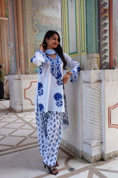 Royal Blue Floral Printed Cotton Kurta Set (RS06)