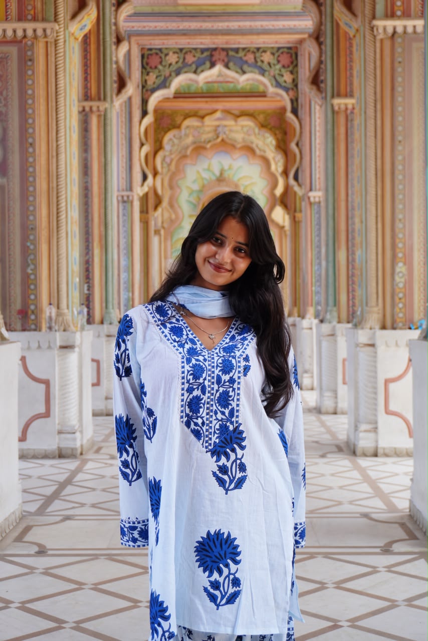 Royal Blue Floral Printed Cotton Kurta Set (RS06)