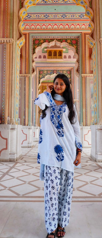 Royal Blue Floral Printed Cotton Kurta Set (RS06)