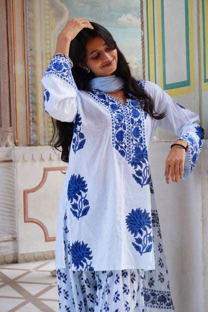 Royal Blue Floral Printed Cotton Kurta Set (RS06)
