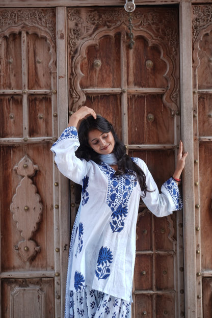 Royal Blue Floral Printed Cotton Kurta Set (RS06)