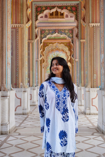 Royal Blue Floral Printed Cotton Kurta Set (RS06)