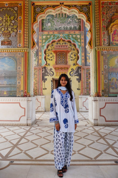Royal Blue Floral Printed Cotton Kurta Set (RS06)