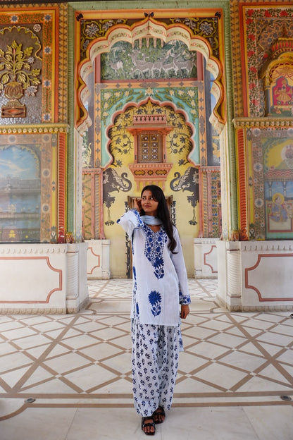 Royal Blue Floral Printed Cotton Kurta Set (RS06)