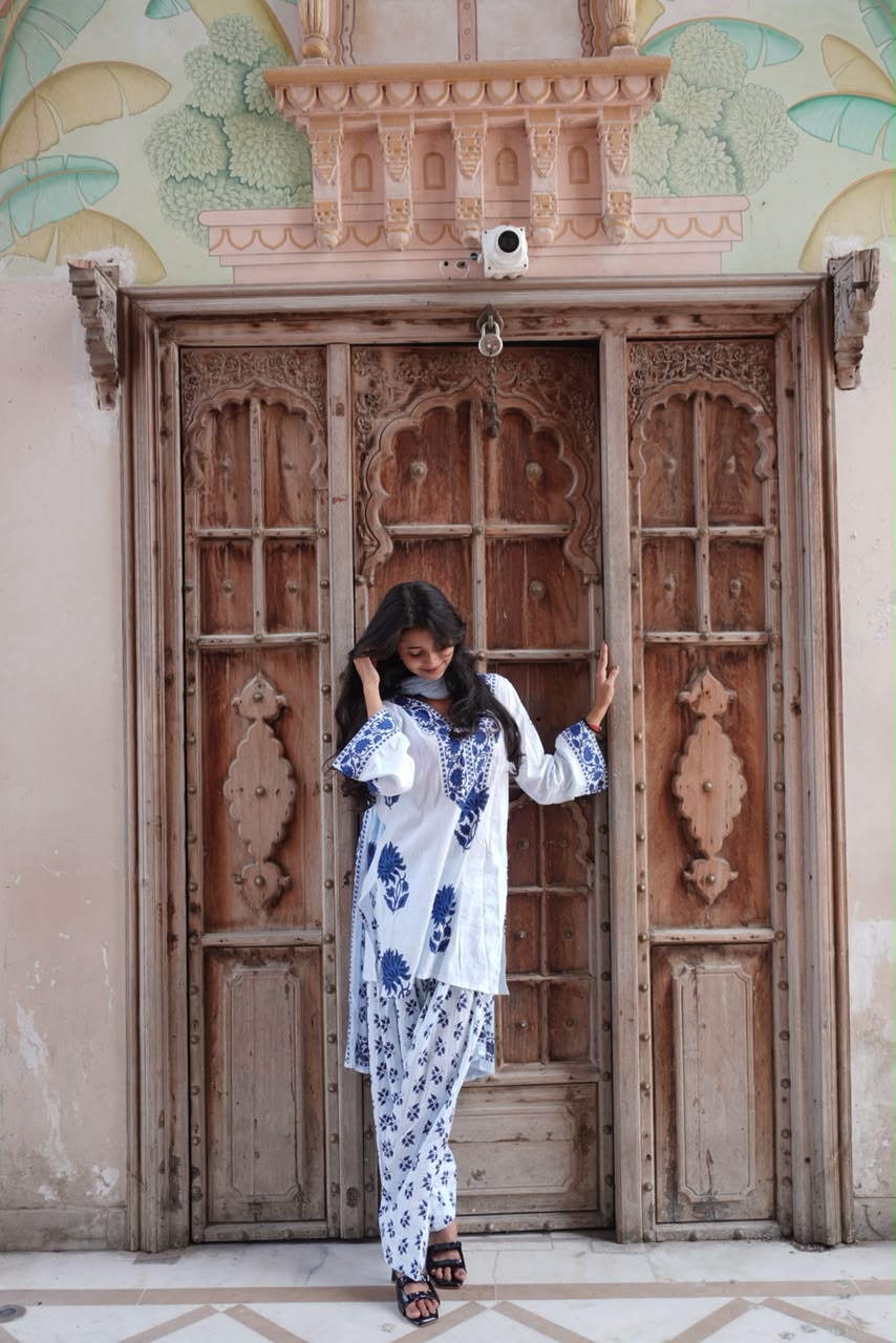 Royal Blue Floral Printed Cotton Kurta Set (RS06)