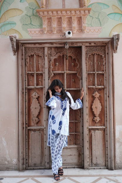 Royal Blue Floral Printed Cotton Kurta Set (RS06)