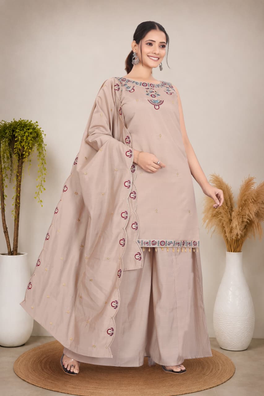 Elegant Embroidered Cotton 3-Piece Suit Set with Dupatta (RD74)
