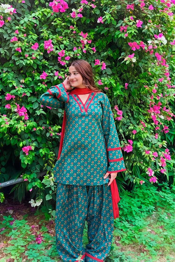 Teal Printed Kurta Palazzo Set with Contrast Dupatta (RS07)