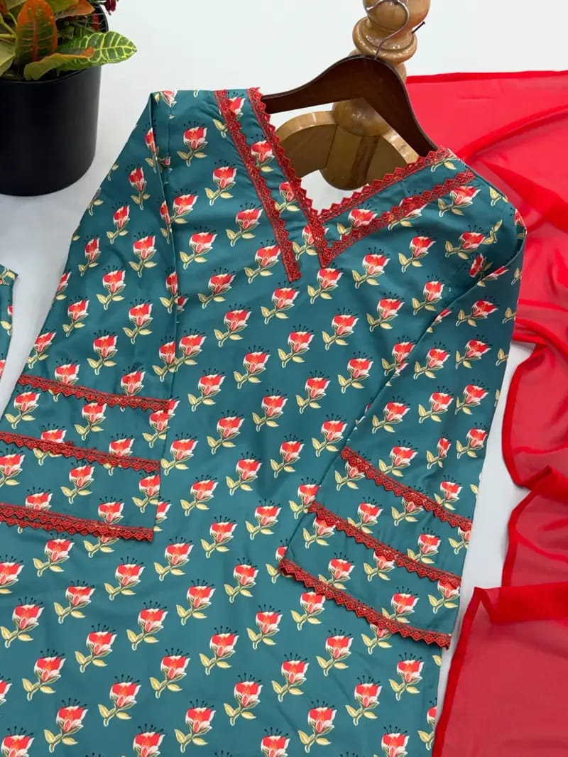 Teal Printed Kurta Palazzo Set with Contrast Dupatta (RS07)
