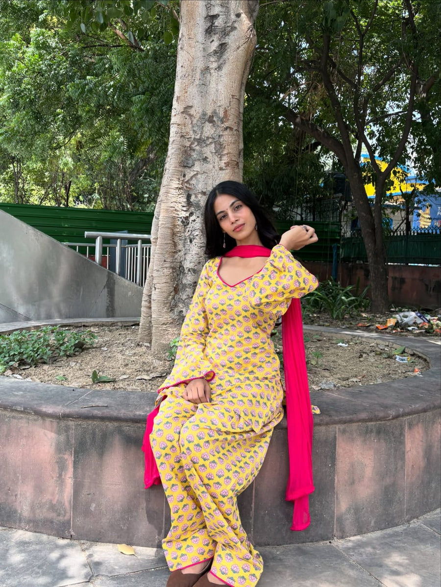 Yellow Printed Kurta Palazzo Set with Contrast Dupatta (RS08)