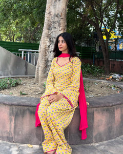 Yellow Printed Kurta Palazzo Set with Contrast Dupatta (RS08)