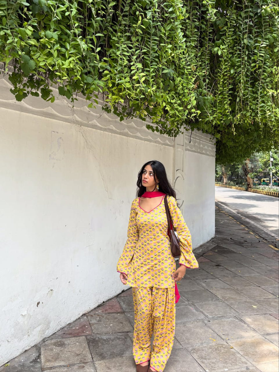 Yellow Printed Kurta Palazzo Set with Contrast Dupatta (RS08)