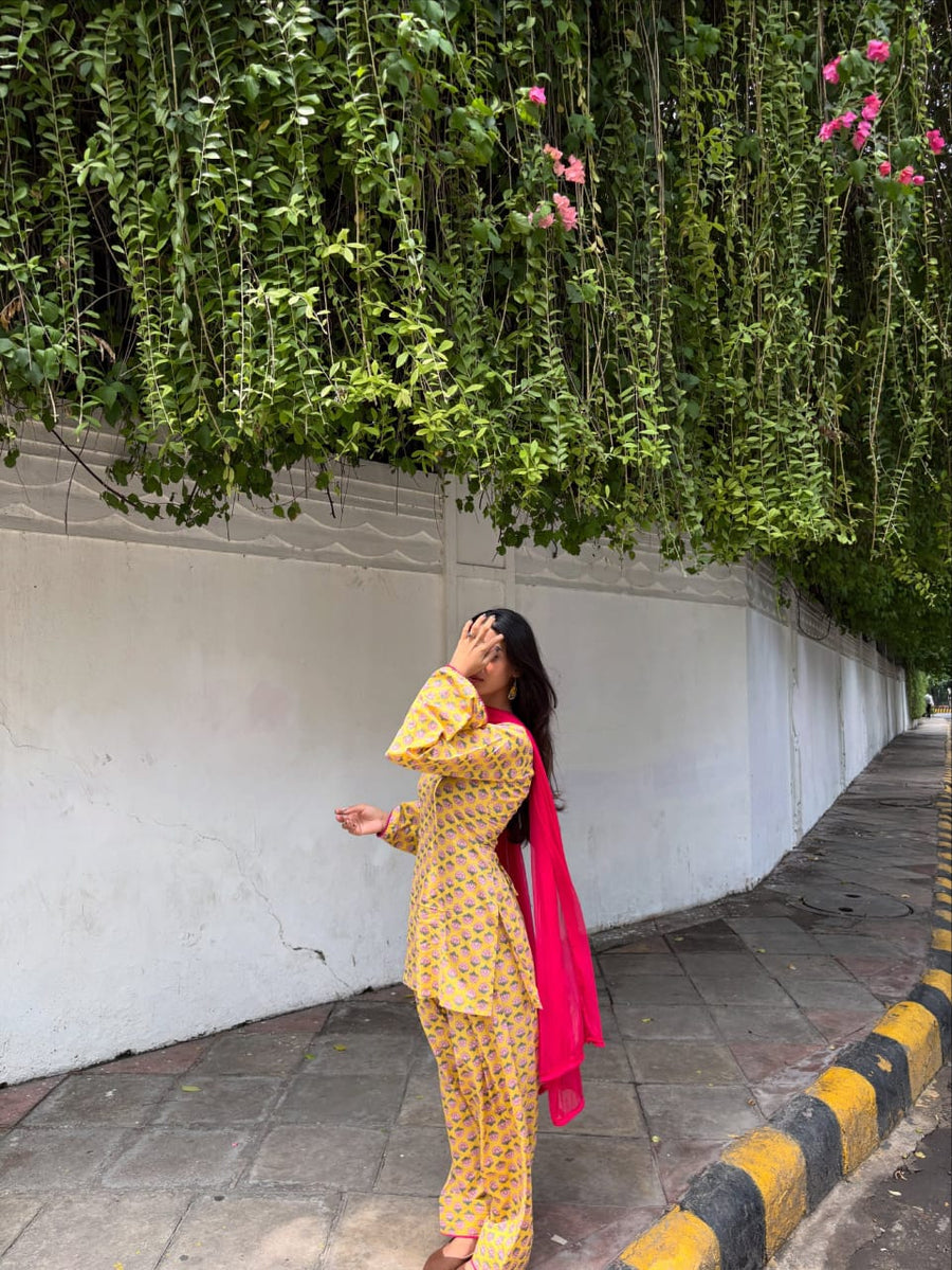 Yellow Printed Kurta Palazzo Set with Contrast Dupatta (RS08)