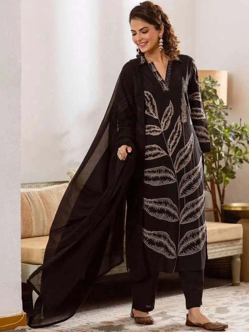 Elegant Leaf Print Embroidered Cotton 3-Piece Suit Set (SWSK73)