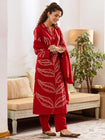 Elegant Leaf Print Embroidered Cotton 3-Piece Suit Set (SWSK73)