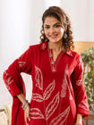 Elegant Leaf Print Embroidered Cotton 3-Piece Suit Set (SWSK73)