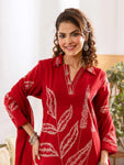 Elegant Leaf Print Embroidered Cotton 3-Piece Suit Set (SWSK73)