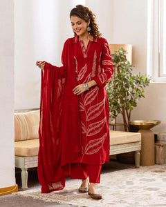 Elegant Leaf Print Embroidered Cotton 3-Piece Suit Set (SWSK73)