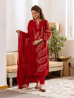 Elegant Leaf Print Embroidered Cotton 3-Piece Suit Set (SWSK73)