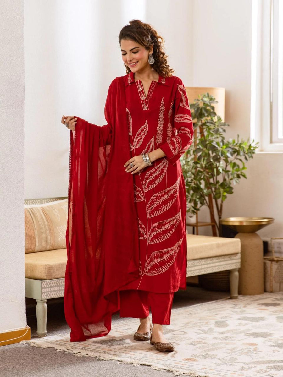 Elegant Leaf Print Embroidered Cotton 3-Piece Suit Set (SWSK73)