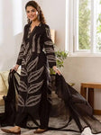Elegant Leaf Print Embroidered Cotton 3-Piece Suit Set (SWSK73)