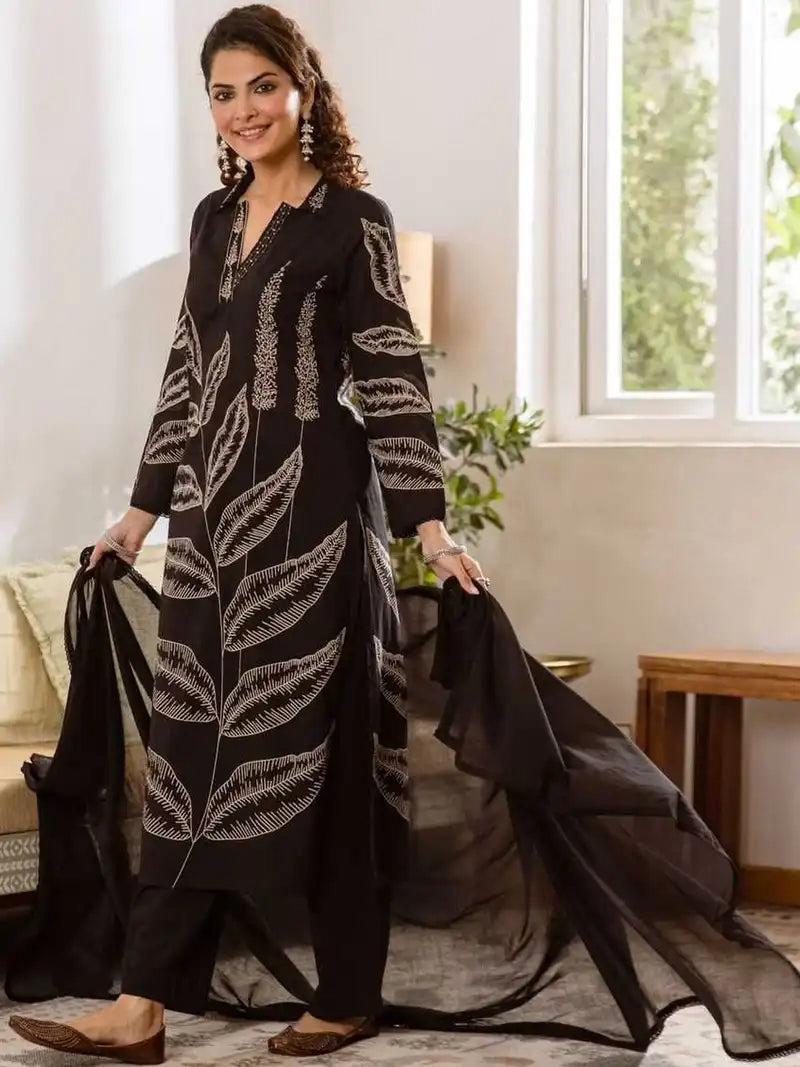 Elegant Leaf Print Embroidered Cotton 3-Piece Suit Set (SWSK73)