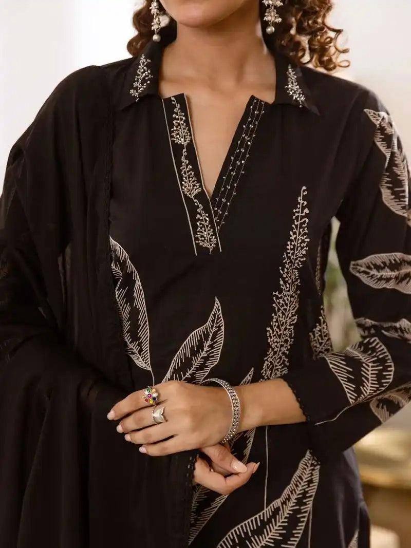 Elegant Leaf Print Embroidered Cotton 3-Piece Suit Set (SWSK73)