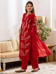 Elegant Leaf Print Embroidered Cotton 3-Piece Suit Set (SWSK73)