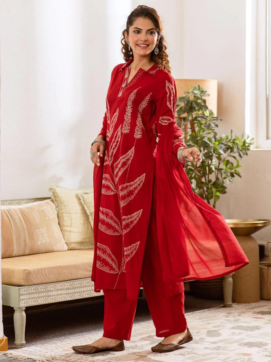 Elegant Leaf Print Embroidered Cotton 3-Piece Suit Set (SWSK73)
