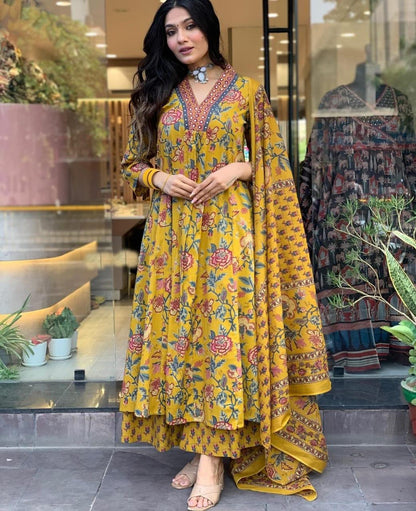 Mustard Yellow Floral Printed Anarkali Suit Set with Dupatta (SWSK74)