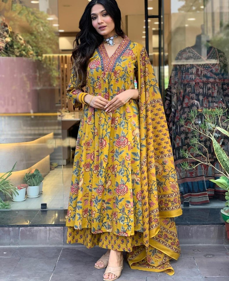 Mustard Yellow Floral Printed Anarkali Suit Set with Dupatta (SWSK74)