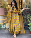 Mustard Yellow Floral Printed Anarkali Suit Set with Dupatta (SWSK74)