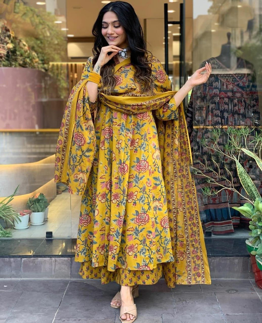 Mustard Yellow Floral Printed Anarkali Suit Set with Dupatta (SWSK74)