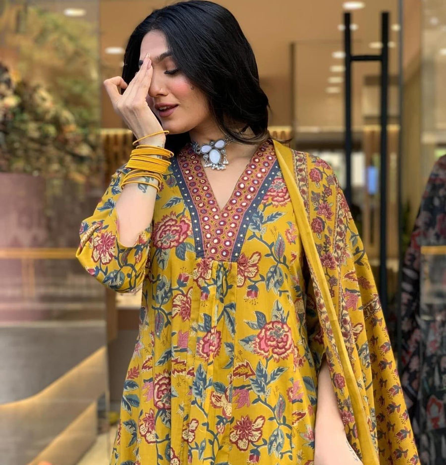 Mustard Yellow Floral Printed Anarkali Suit Set with Dupatta (SWSK74)