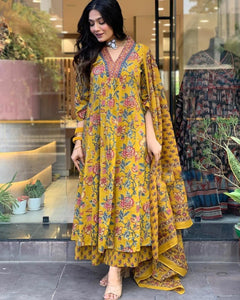 Mustard Yellow Floral Printed Anarkali Suit Set with Dupatta (SWSK74)