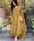 Mustard Yellow Floral Printed Anarkali Suit Set with Dupatta (SWSK74)