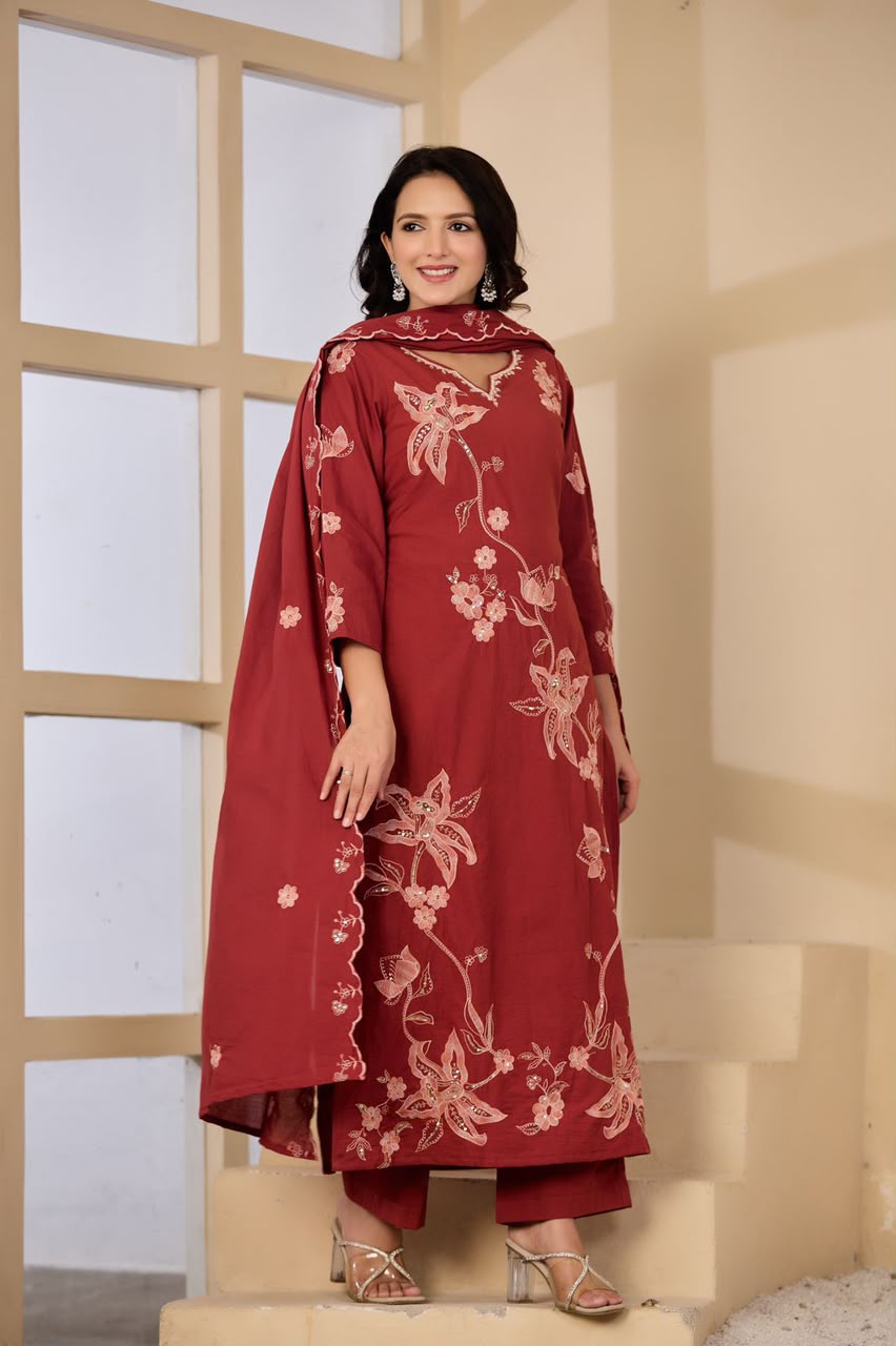 Elegant Floral Embroidered 3-Piece Suit Set (SWSK75)