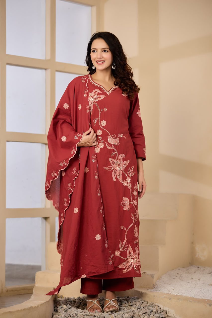 Elegant Floral Embroidered 3-Piece Suit Set (SWSK75)
