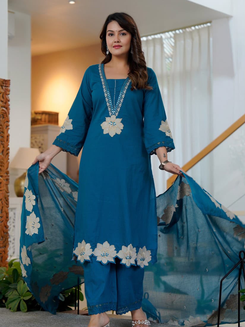 Elegant Floral Printed Embroidered 3-Piece Suit Set (SWSK76)