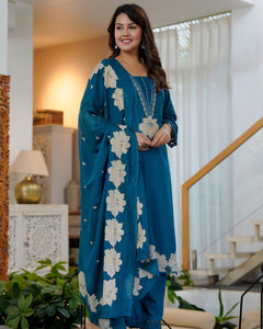 Elegant Floral Printed Embroidered 3-Piece Suit Set (SWSK76)