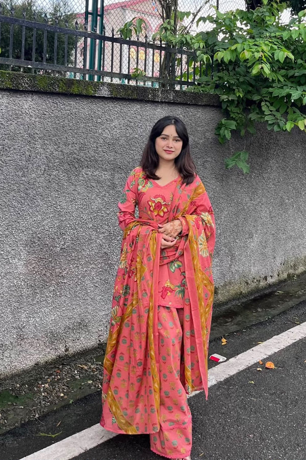 Women’s Floral Printed Cotton Kurta Pant Set with Dupatta (RD82)