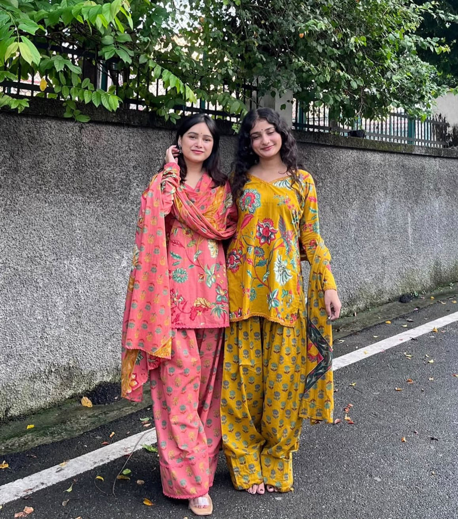 Women’s Floral Printed Cotton Kurta Pant Set with Dupatta (RD82)