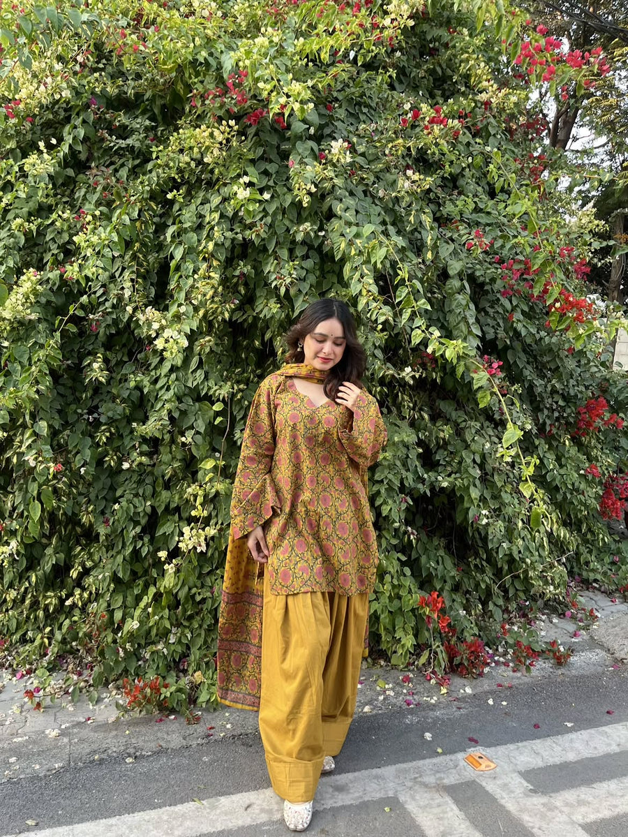 Women’s Premium Cotton Printed Kurta Pant & Dupatta Set – Mustard Floral Print (RD79)
