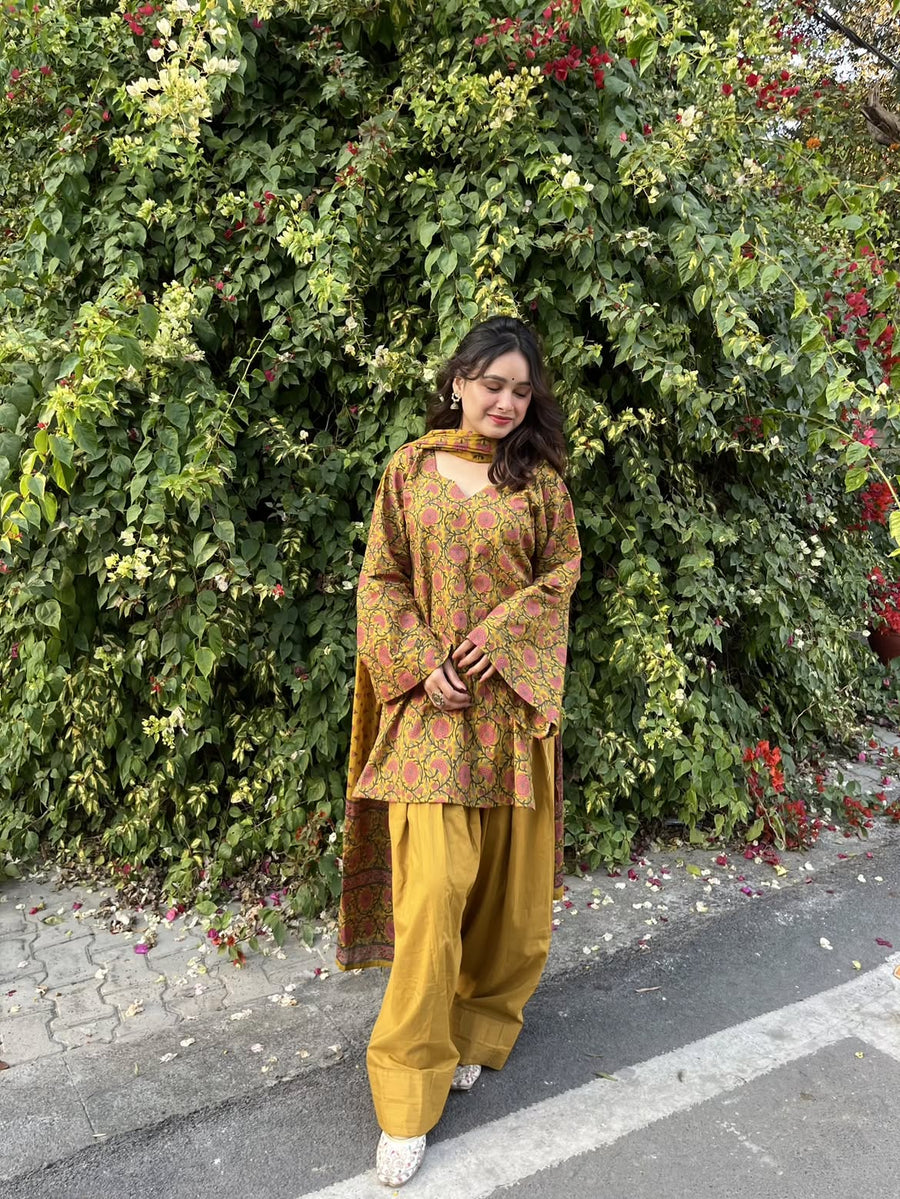 Women’s Premium Cotton Printed Kurta Pant & Dupatta Set – Mustard Floral Print (RD79)