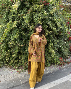 Women’s Premium Cotton Printed Kurta Pant & Dupatta Set – Mustard Floral Print (RD79)
